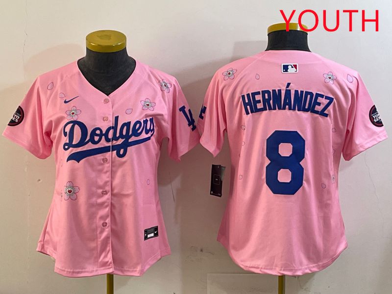 Youth Los Angeles Dodgers #8 Hernandez Pink Sakura Edition 2025 Nike MLB Jersey style 2->youth mlb jersey->Youth Jersey